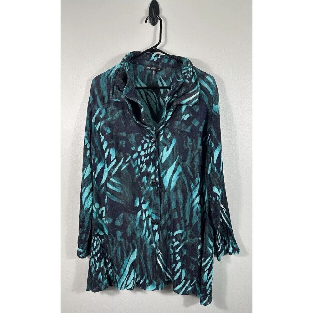 Ming Wang Tunic Womens 0X Teal Black Abstract Double Wire Collar Crinkle Fabric